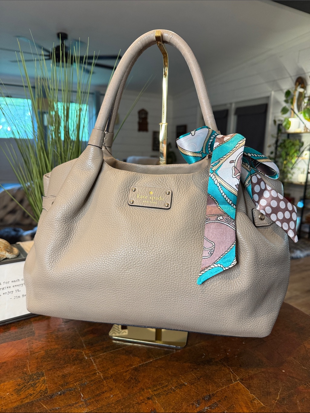 Kate Spade Taupe Pebbled Leather Shoulder Bag With Decorative Scarf